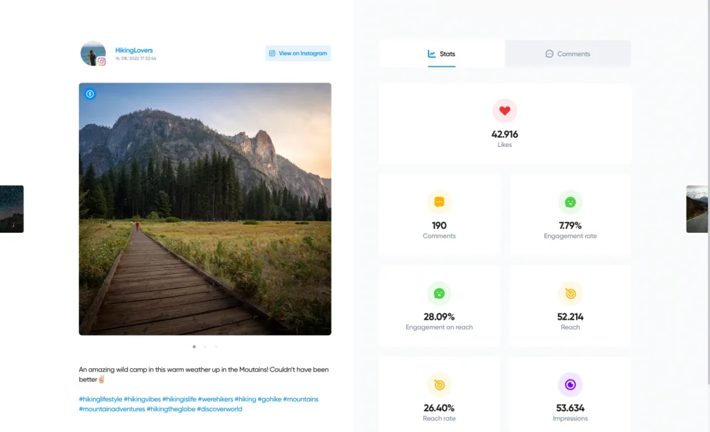 Instagram post analytics showing engagement rate, likes, and reach in Iconosquare dashboard
