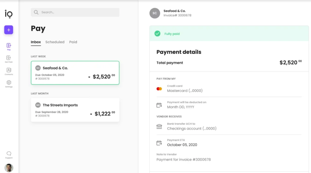 Melio bill payment details showing card-funded vendor payment