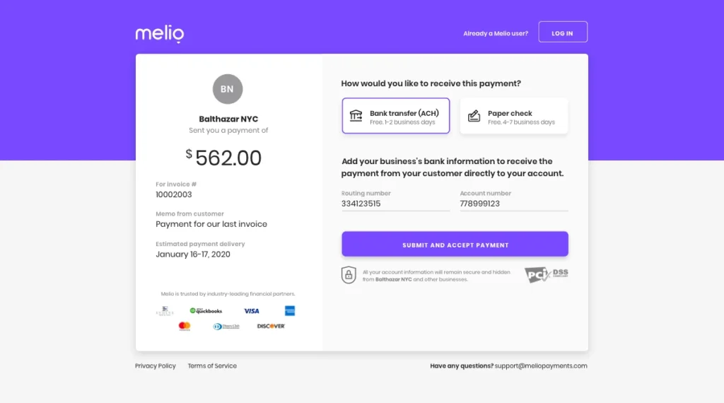 Melio payment request screen showing ACH and check options