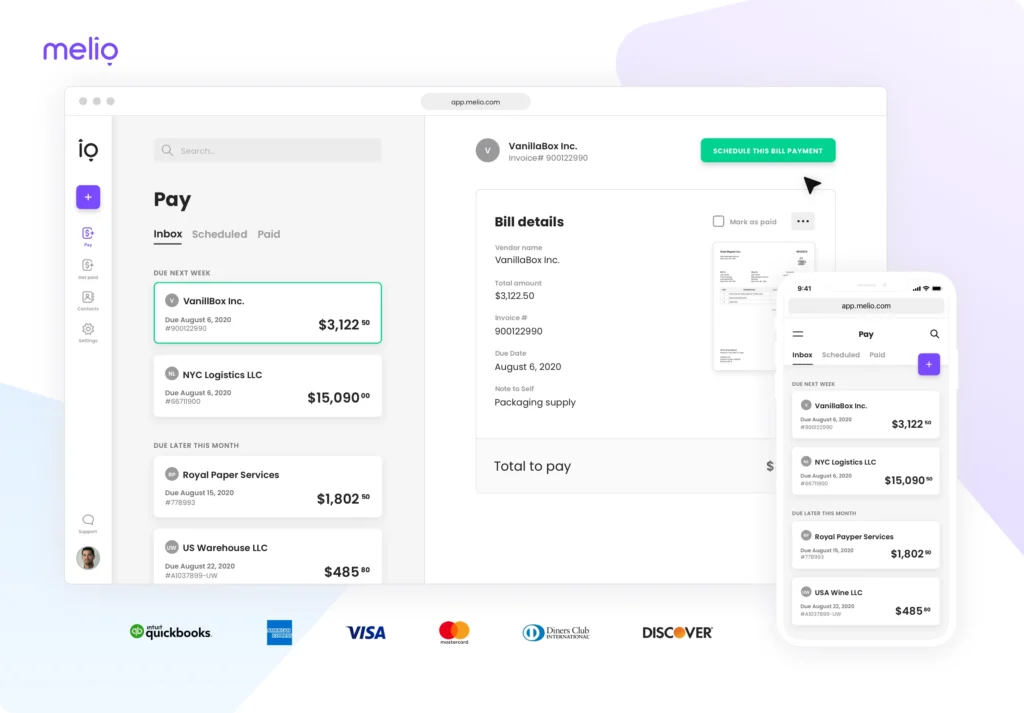 Melio bill pay dashboard on desktop and mobile