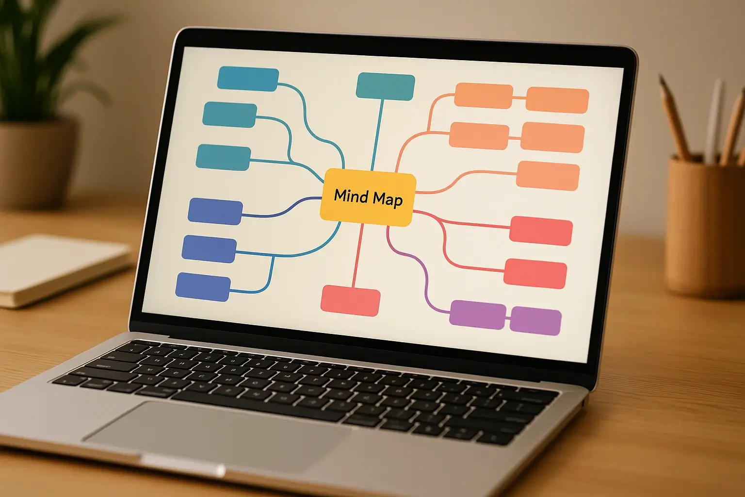 Laptop screen displaying a colorful digital mind map with connected branches.