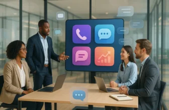 Business team discussing best VoIP service software options with icons displayed on screen