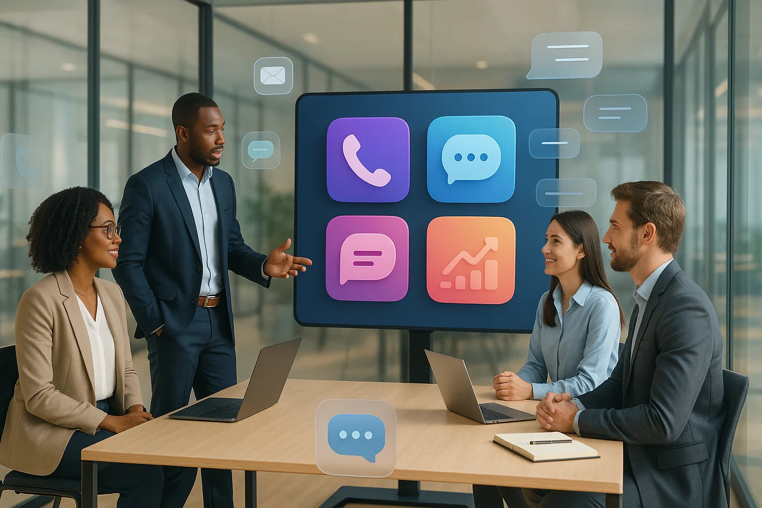 Business team discussing best VoIP service software options with icons displayed on screen