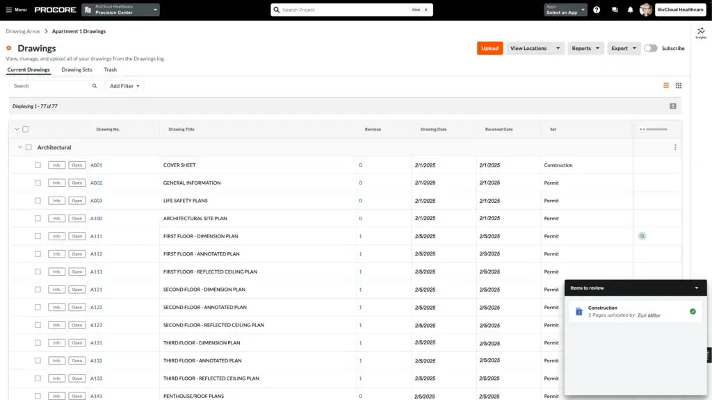 Procore drawings management interface with project plans and revisions