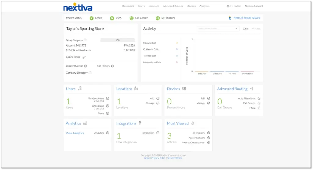 Nextiva admin dashboard for managing users, devices, routing, and system status