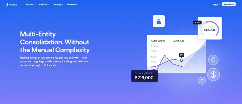 Nominal’s multi-entity consolidation dashboard with performance metrics and automated mappings.