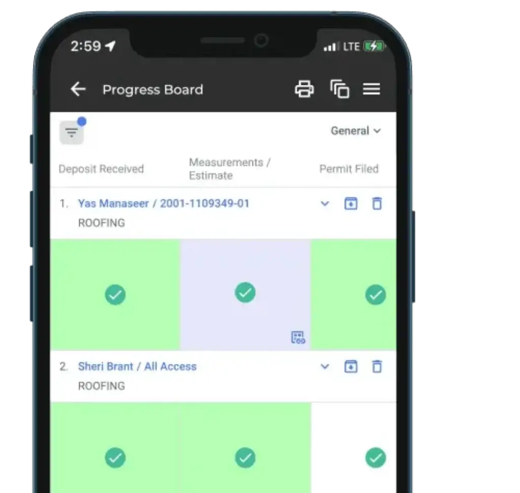 Leap mobile progress board with job status and tasks