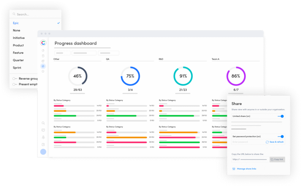 Craft.io progress dashboard displaying team performance metrics and completion rates.