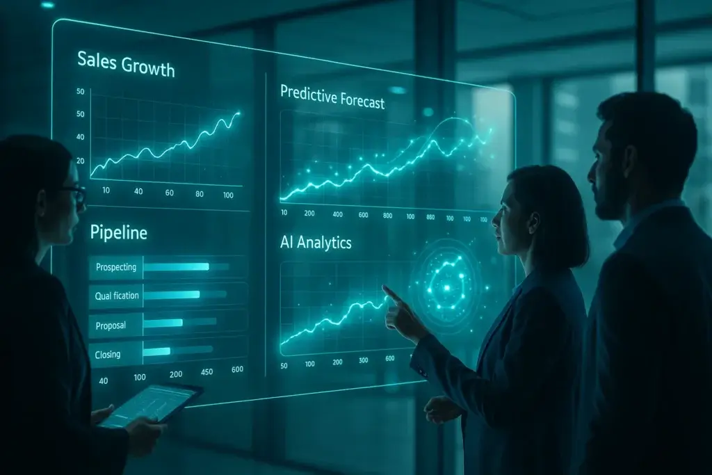 CRM sales forecasting dashboard with predictive analytics and revenue graphs