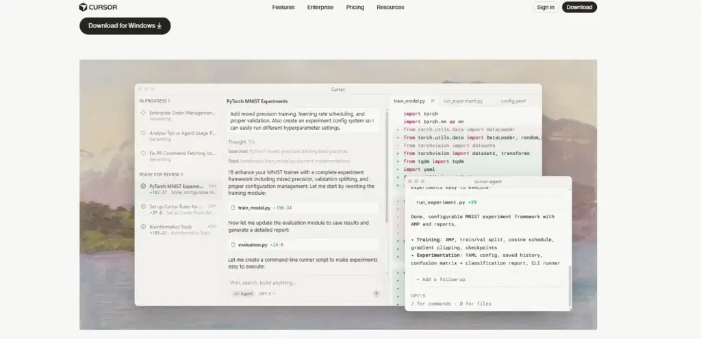 Cursor IDE showing AI-generated code edits and multi-file diff suggestions