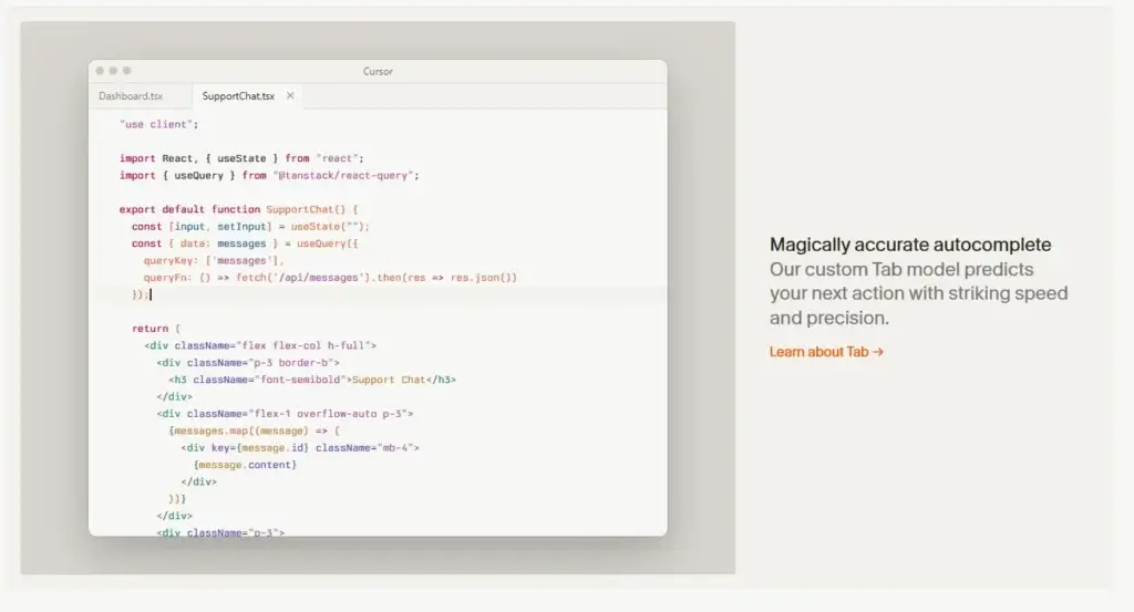 Cursor editor displaying AI autocomplete suggestions for React components