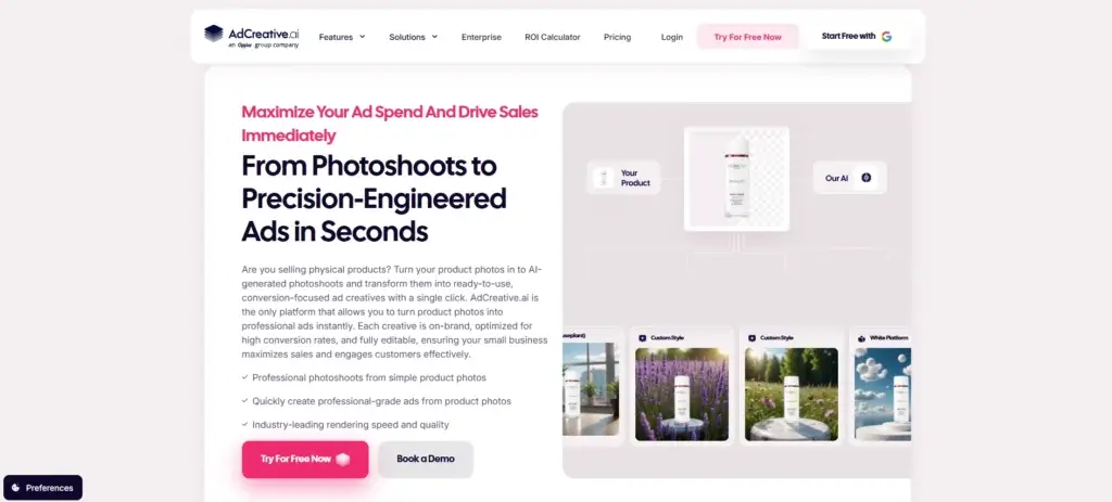 AdCreative.ai platform turning product photos into AI-generated ads