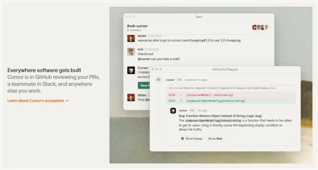 Cursor integrated with Slack and GitHub showing AI-assisted pull request reviews