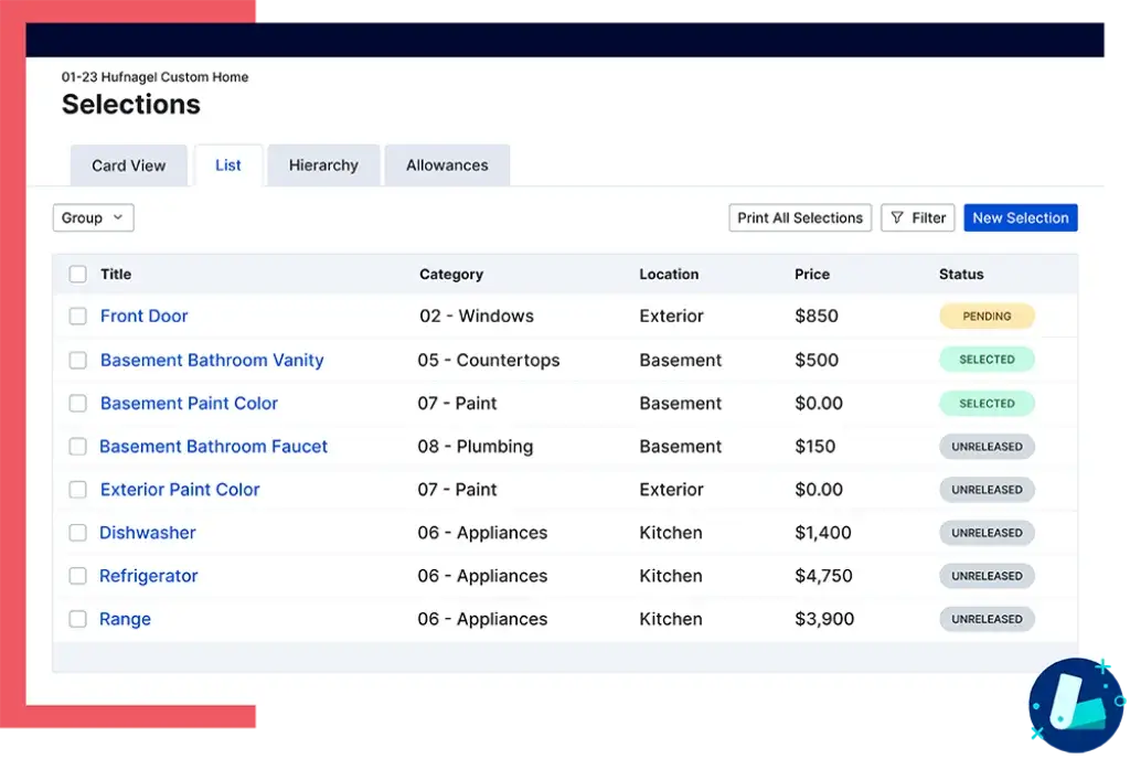 Buildertrend selections dashboard displaying categorized project items and pricing
