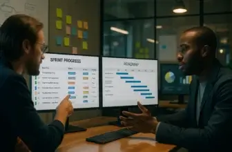 Developer and product manager reviewing Agile sprint progress in agile management software
