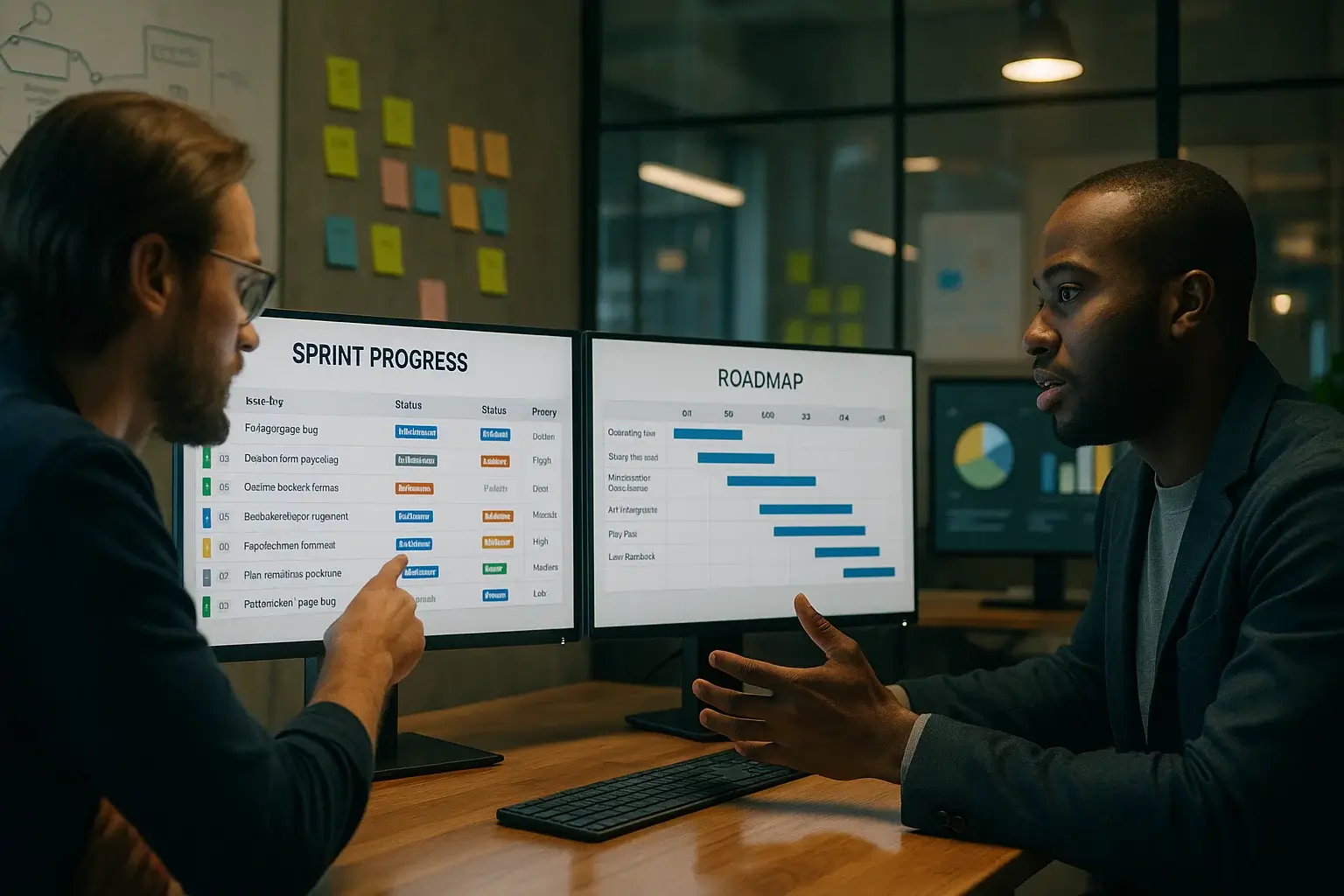 Developer and product manager reviewing Agile sprint progress in agile management software