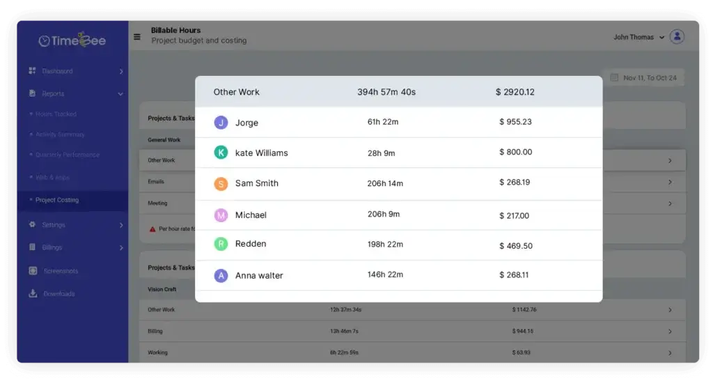 TimeBee billable hours report showing project costs and tracked employee time