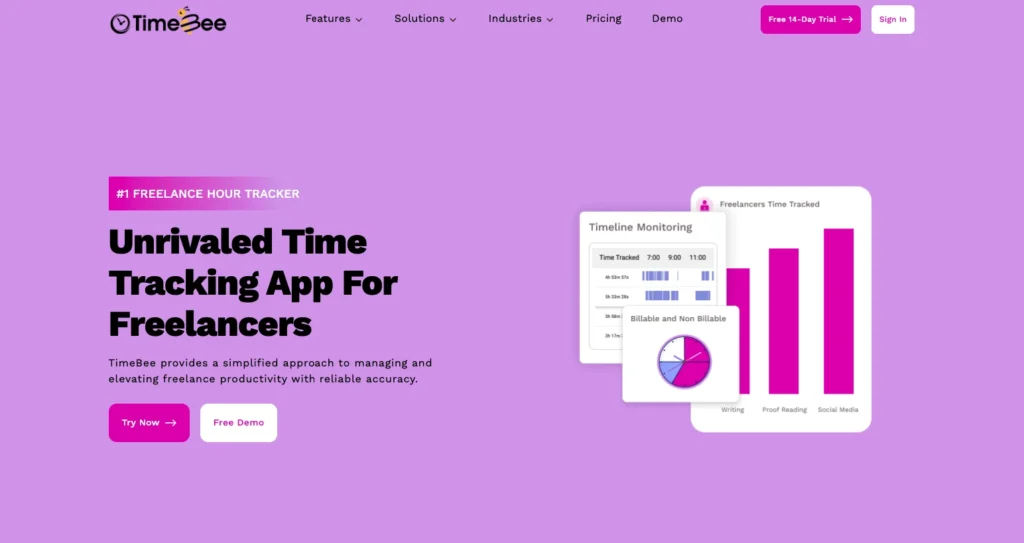 TimeBee homepage showing time tracking app for freelancers with productivity charts