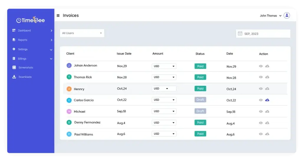 TimeBee invoice dashboard showing client payments and billing status