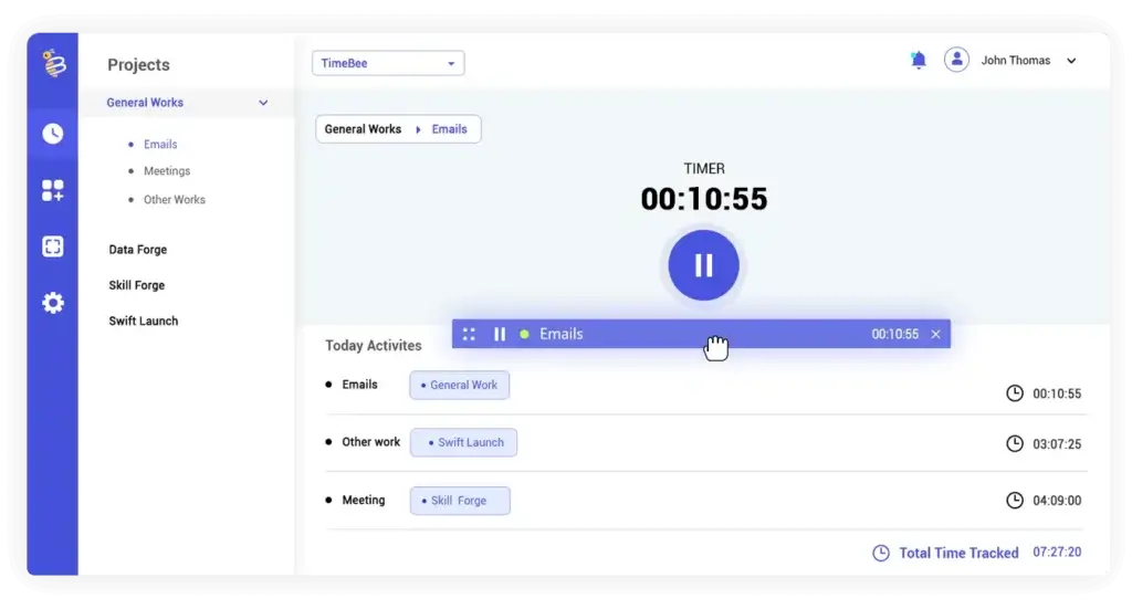 TimeBee timer tracking email task in progress with total time logged
