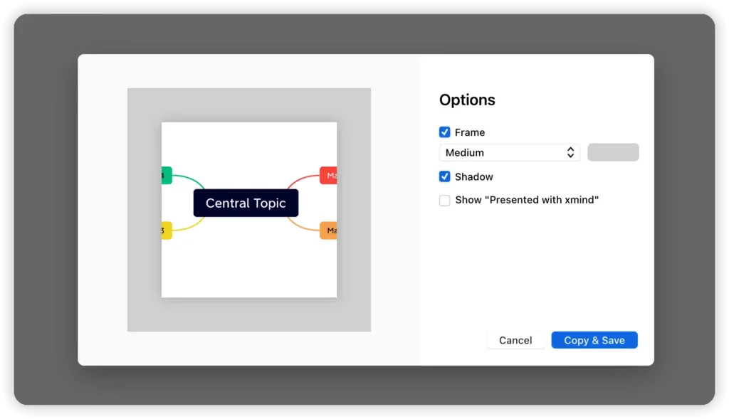 Xmind export screen with map framing and save options