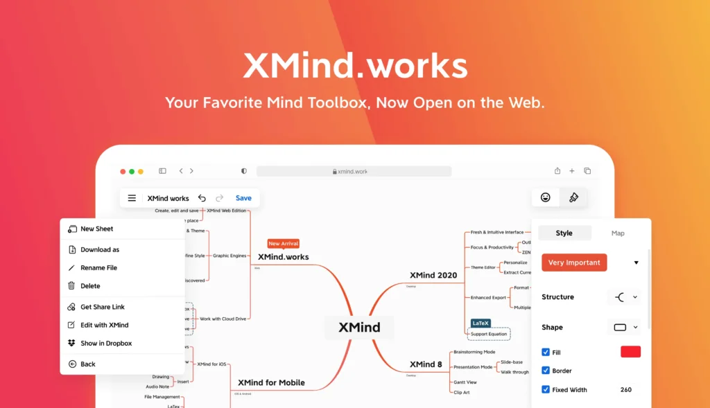 Xmind Works web interface with a central mind map displayed