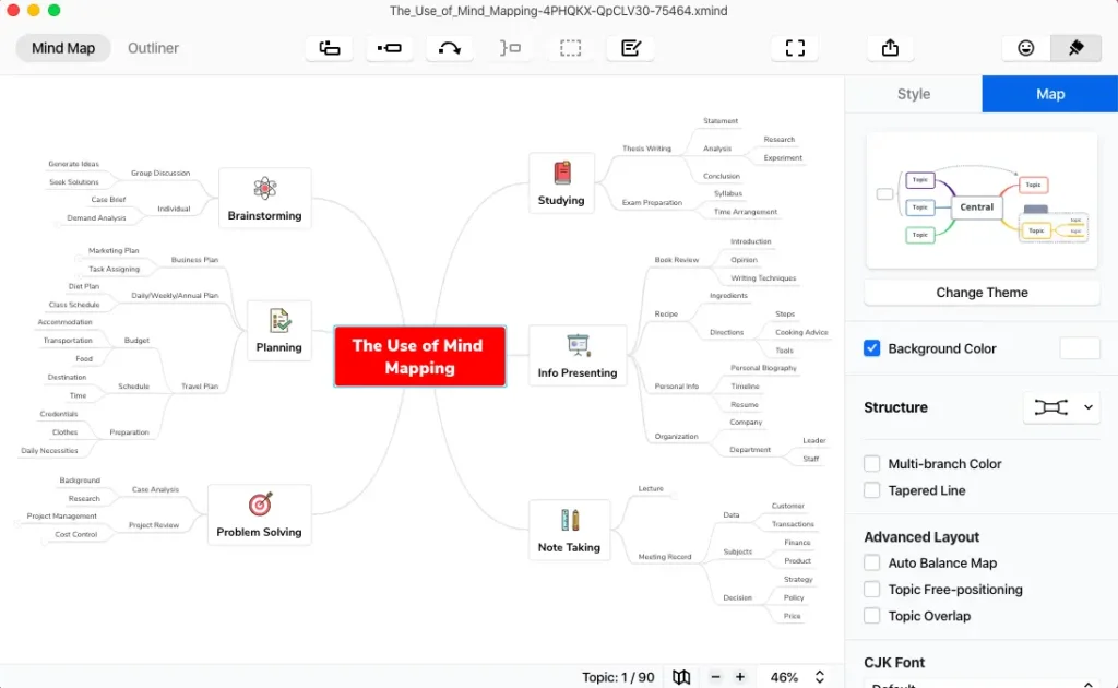 Xmind desktop app showing a detailed mind map with editing options