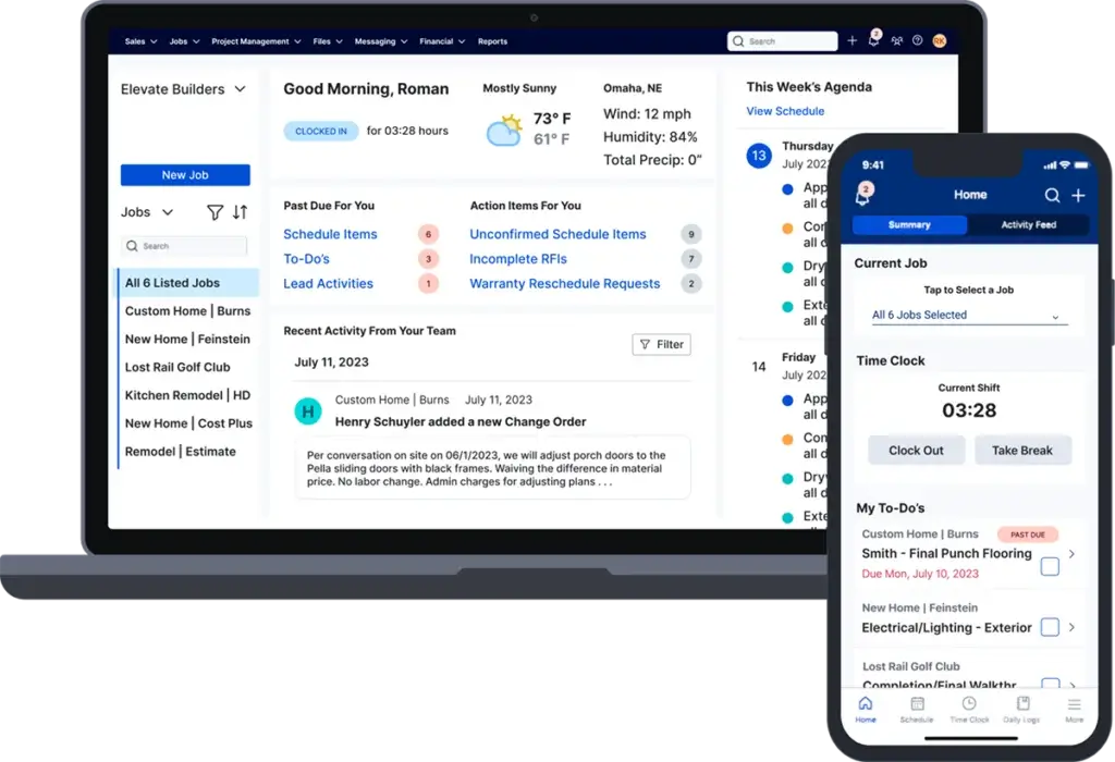 Buildertrend dashboard showing project overview and time tracking on desktop and mobile