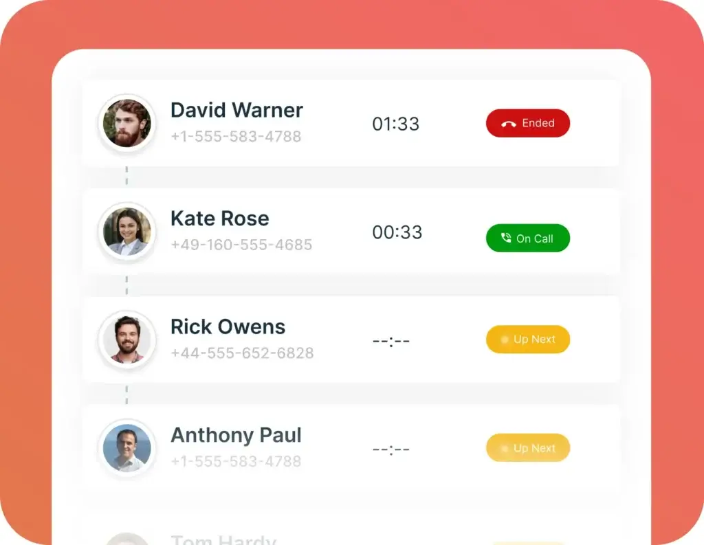 Call queue interface showing active calls and upcoming callers in a cloud phone system