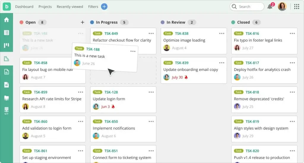 Backlog Kanban board displaying workflow stages and active tasks.