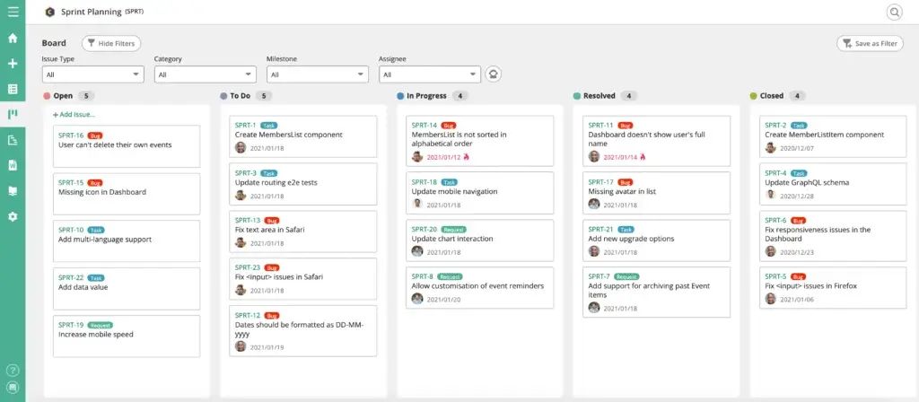 Backlog sprint planning board showing tasks in progress and resolved issues.
