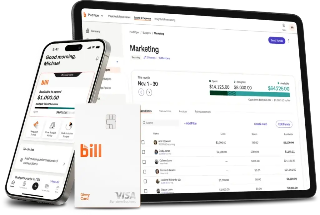 Bill.com budget dashboard showing team spend limits and available funds