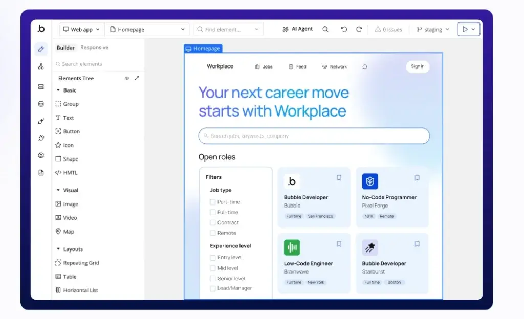 Bubble editor displaying a job board web app layout with responsive design and visual workflow controls.
