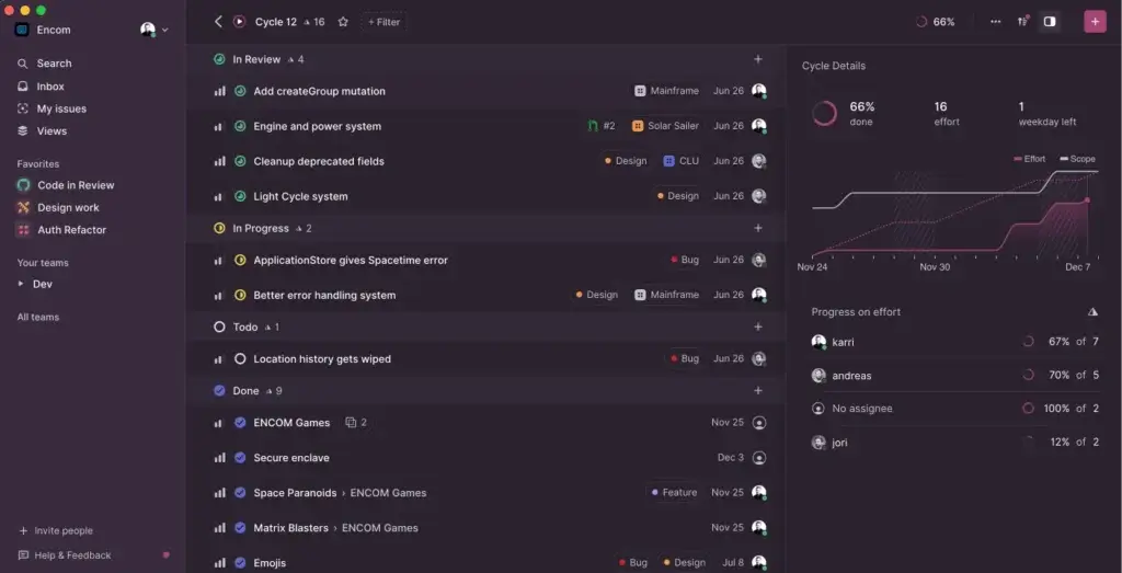 Linear issue tracking board showing tasks and sprint progress