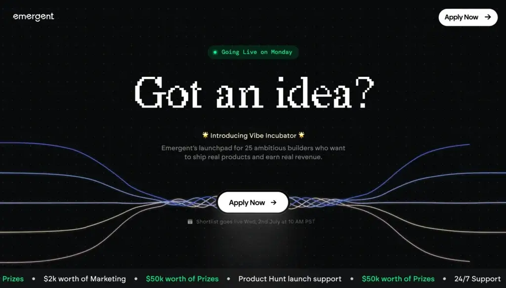 Emergent Vibe Incubator program landing page for builders launching AI-powered products.