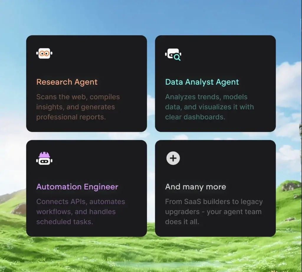 Emergent AI agents including research, data analysis, and automation tools for building workflows.
