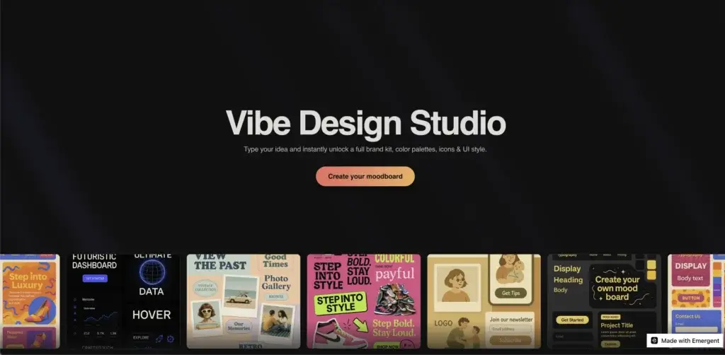 Emergent Vibe Design Studio interface for creating AI-generated brand kits and moodboards.