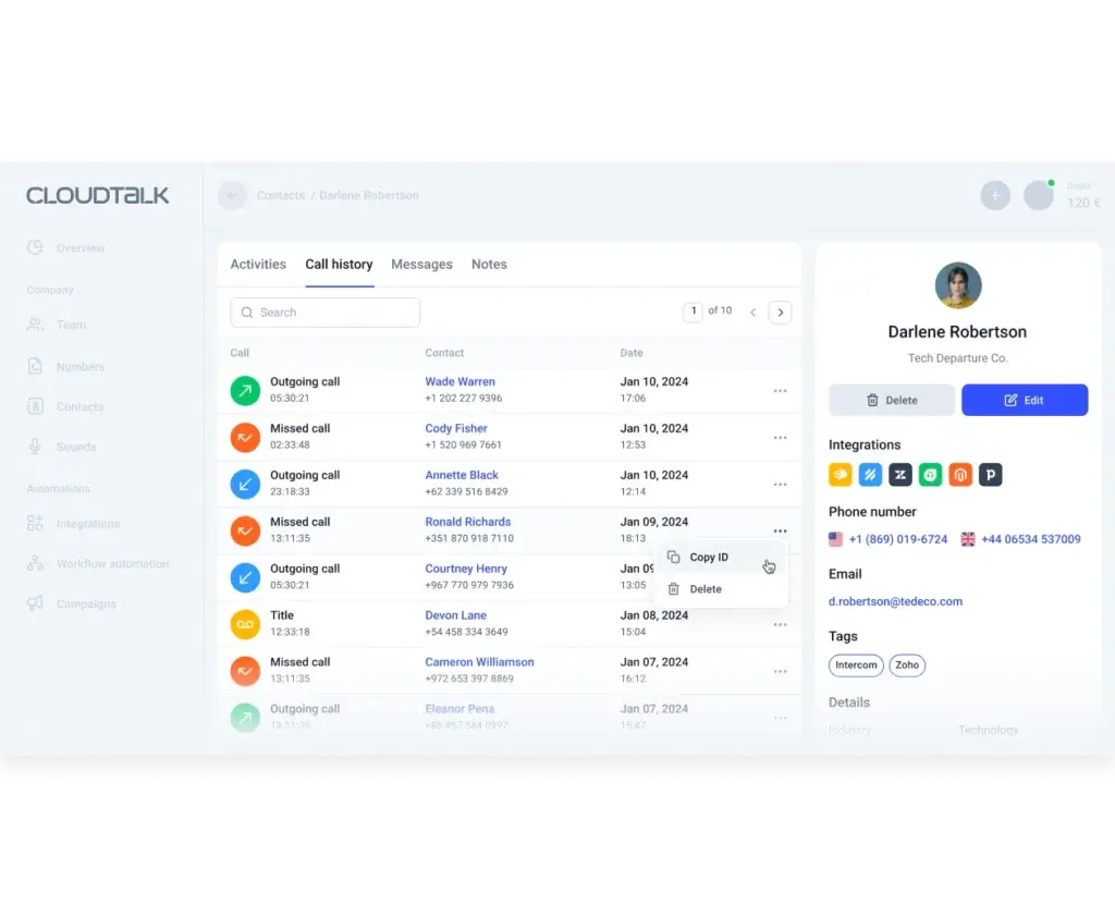 CloudTalk contact profile with detailed call history and integrations