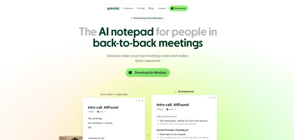 Granola AI homepage highlighting its bot-free meeting transcription and note-taking features
