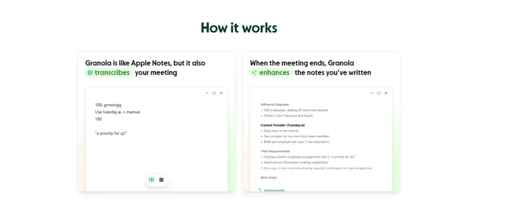 Granola AI interface showing real-time transcription and enhanced meeting notes