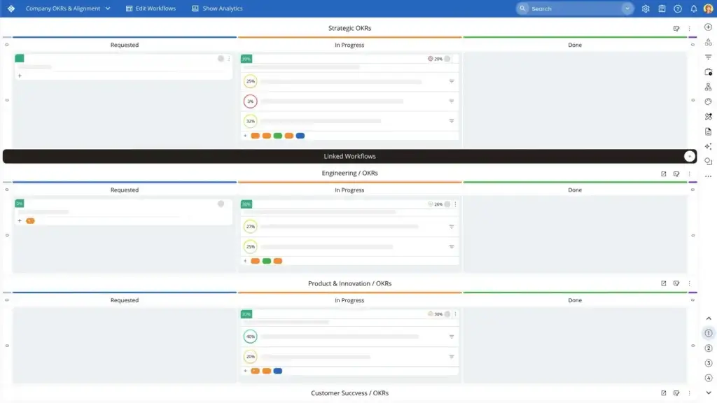 Businessmap OKRs alignment board showing strategic and team-level workflows in progress