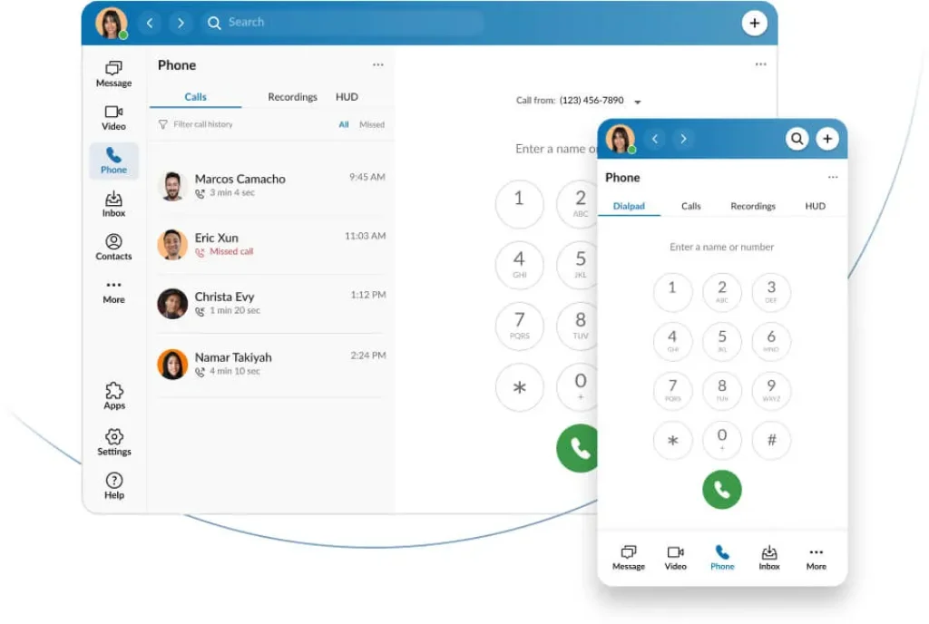 RingCentral phone interface with dialpad, call history, and mobile app view