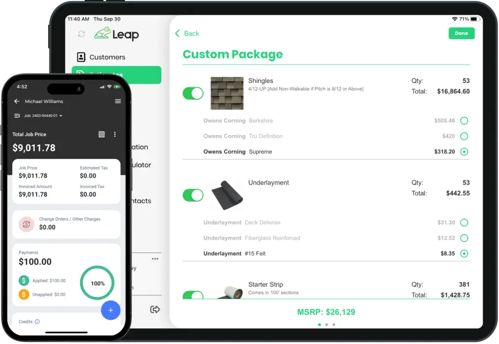 Leap mobile app showing custom package estimate and job price breakdown