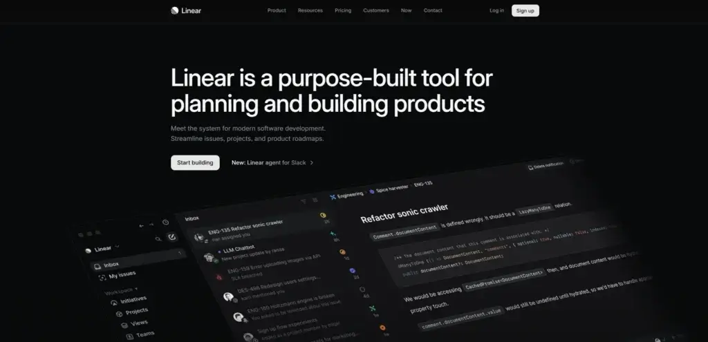 Linear homepage showcasing modern project planning interface