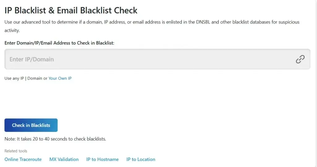 IP and email blacklist check tool with input box to verify domains or IP addresses.