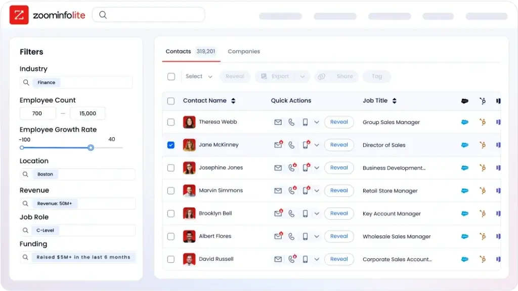 ZoomInfo search interface displaying advanced filters and contact results.