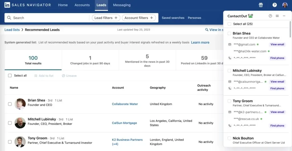 ContactOut Chrome extension displaying verified emails inside LinkedIn Sales Navigator