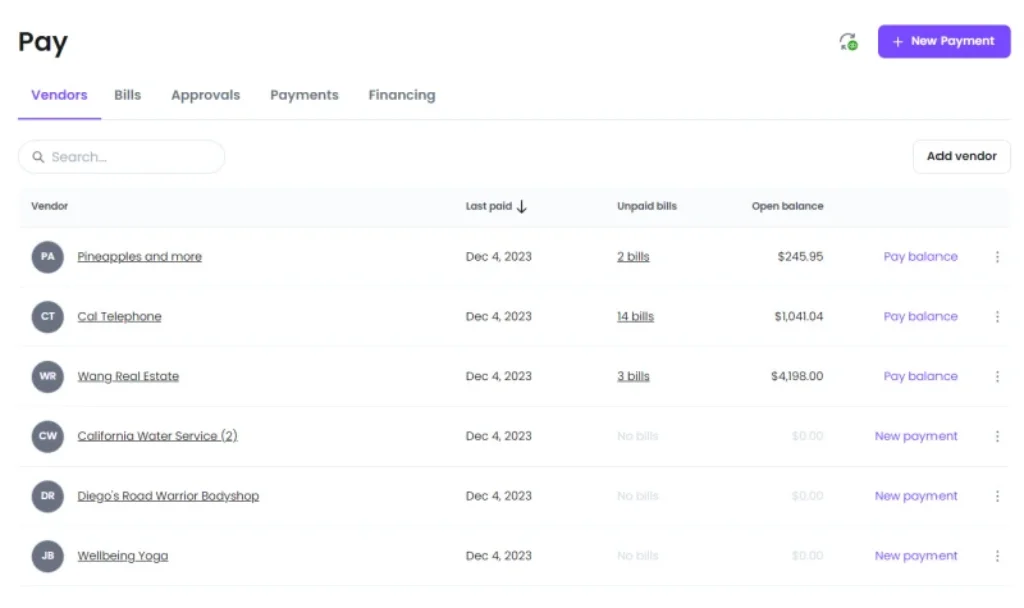 Melio vendors tab showing unpaid bills and balances