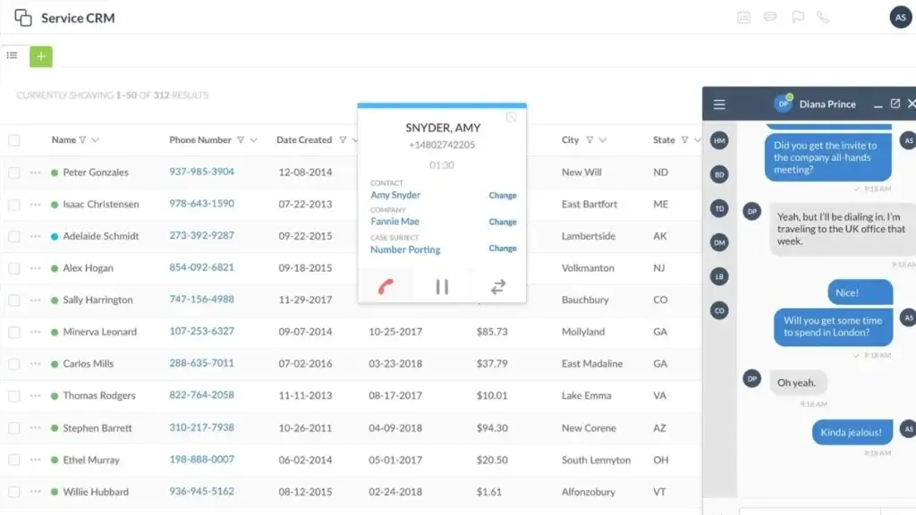 Nextiva Service CRM interface showing customer records and live communication panel