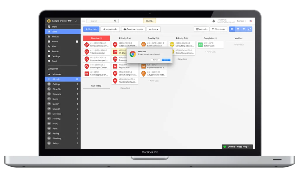 Fieldwire dashboard showing overdue and prioritized tasks